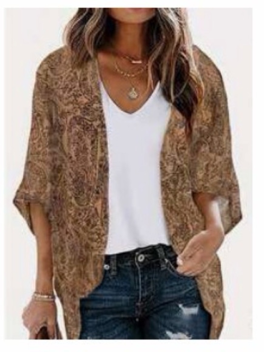SHEIN Brown Paisley Open-Front Cardigan
